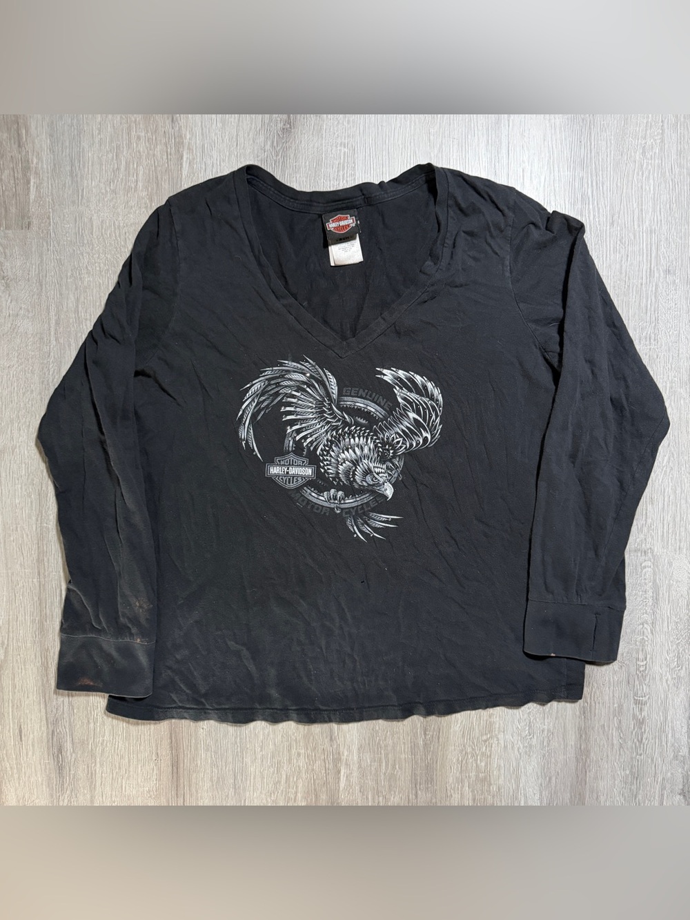 Vintage Harley-Davidson Bejewled Women's Black V-Neck Graphic Long Sleeve Shirt